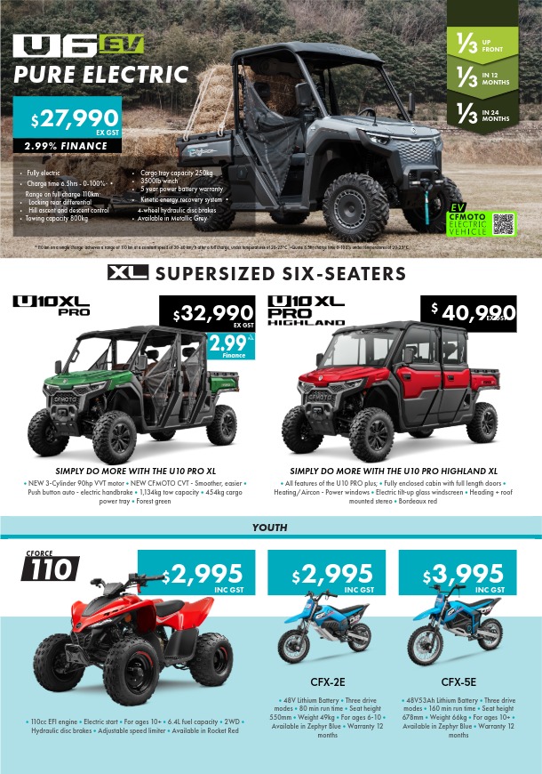 CFMOTO U6 EV electric utility, U10XL six‑seaters, and youth CForce/CFX electric bikes — specs, finance offers, and prices